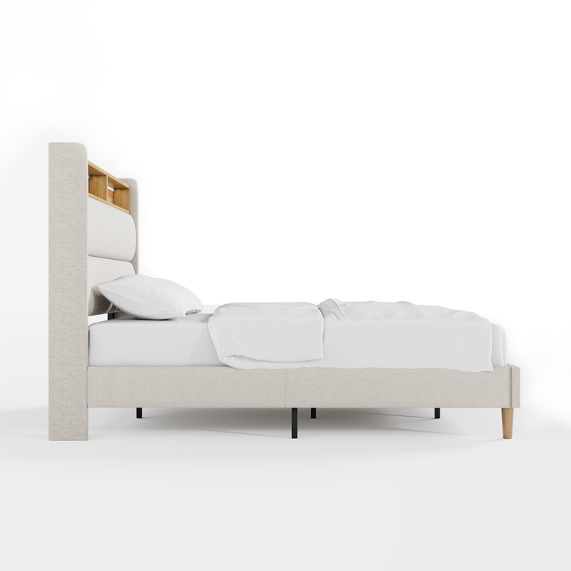 Lit plateforme tapissier moderne avec tête de lit, station de charge, lumières DEL RVB, Beige, Lit double