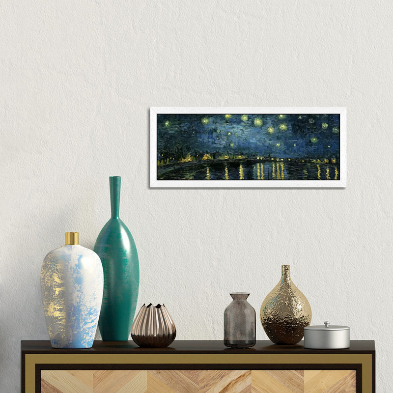 Starry Night Over The Rhone by Vincent Van Gogh - Floater Frame Panoramic Painting on Canvas, 30.48 cm H x 91.44 cm W, White