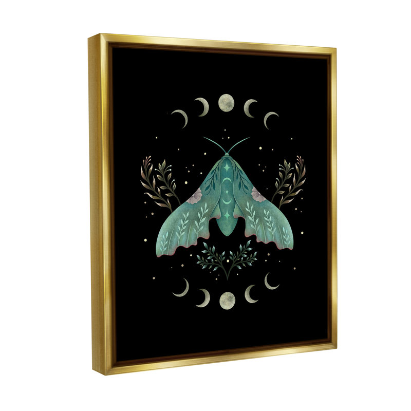 "Papillon céleste et lune" sur toile, Cadre flottant métallique doré, H 21 po x l 17 po
