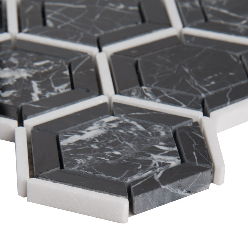 Carreau de mosaïque en marbre poli noir 12 po x 13 po Noir Hexagon, Noir
