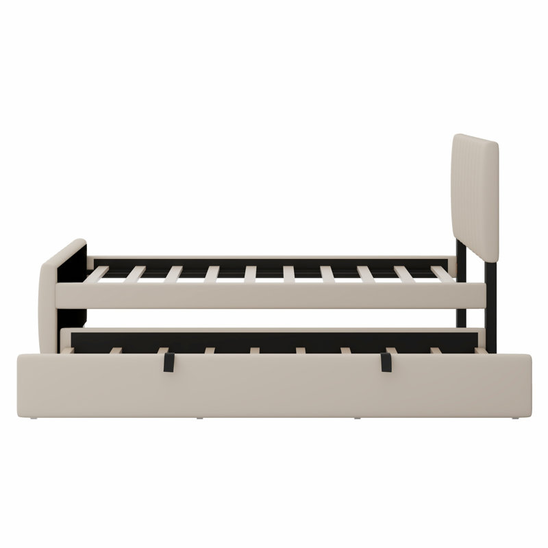 Lit plateforme tapissier avec lit gigogne, Beige
