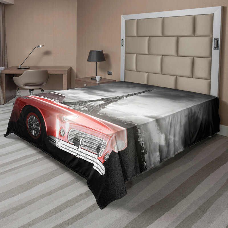Ambesonne Paris drap plat voiture ancienne et Eiffel plein gris rouge