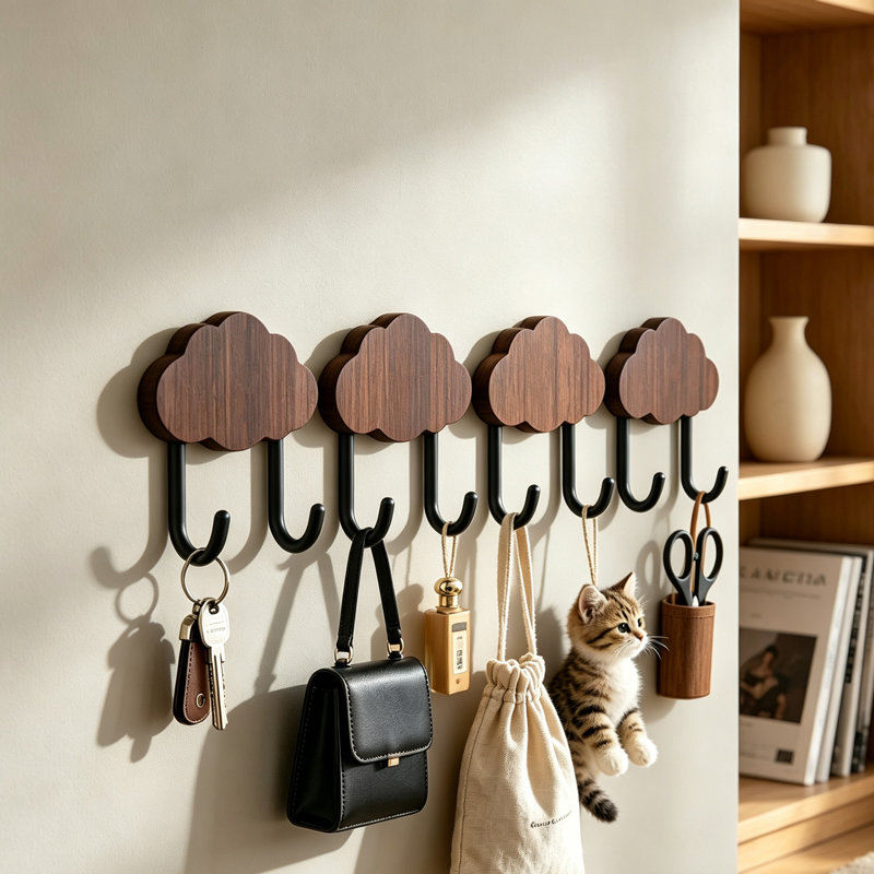 Patères murales en bois, porte-manteau en bois naturel, crochets robustes, ensemble de 4