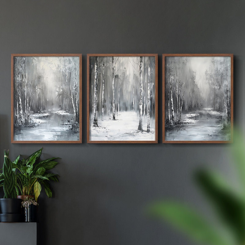 Lanscape Study Series X -Set of 3 Fric Giclee Prints -Prêt à accrocher, Cadre noyer, H 28 po x l 22 po