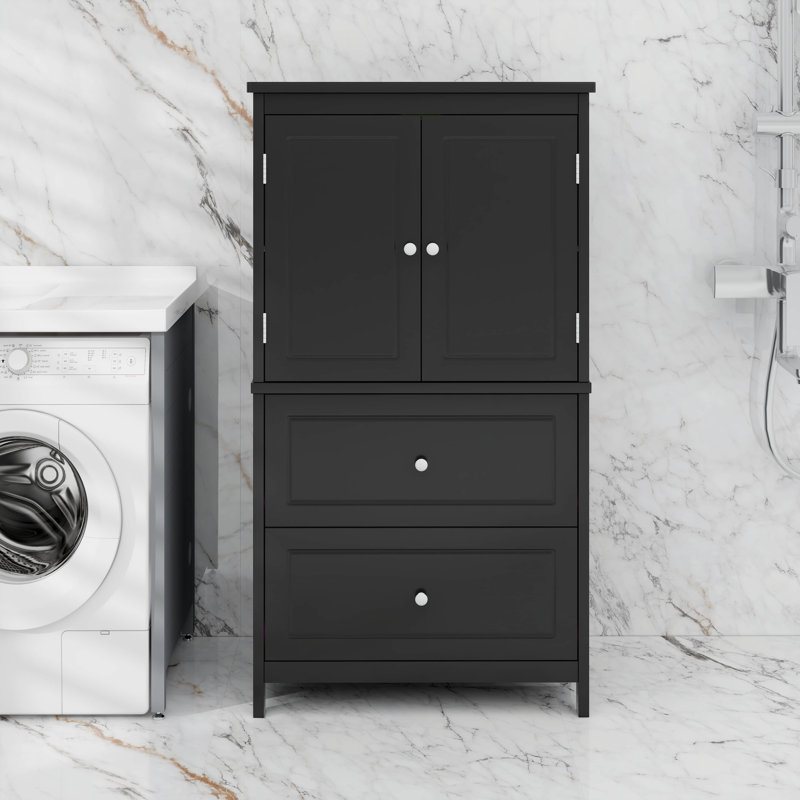 Tall Bathroom Storage Cabinet, Cabinet With Two Doors And Drawers, Adjustable Shelf, Black