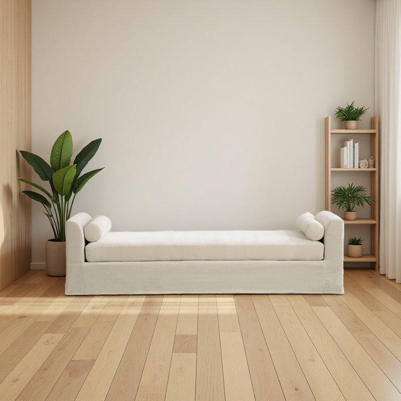 Banc moderne de 90,6 po de largeur, banc de côté avec accoudoirs et méridienne en chenille avec 2 traversins, Beige
