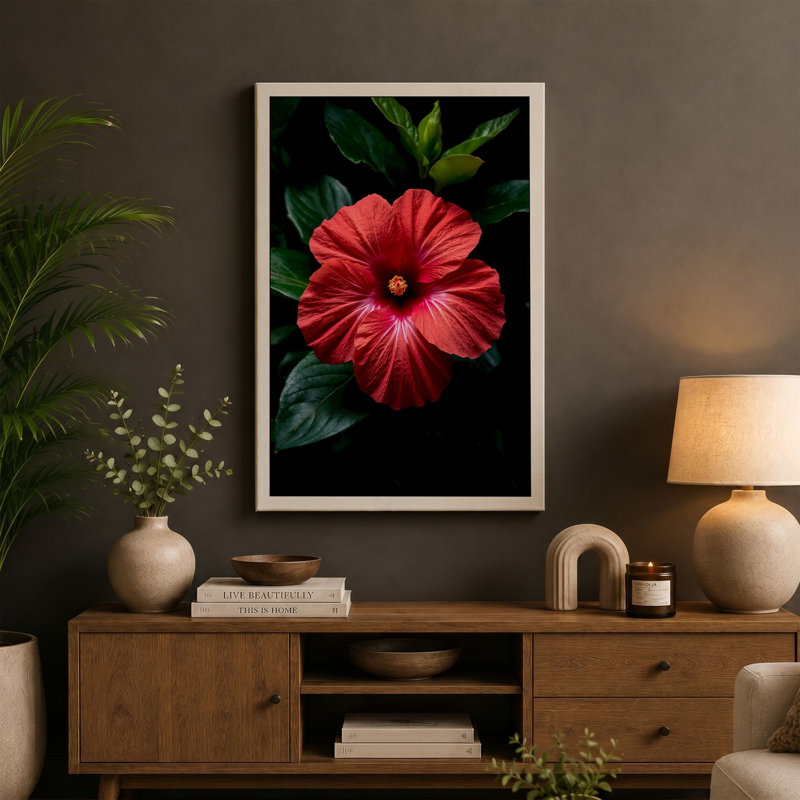 Glowing Hibiscus Botanical - Wrapped Canvas, 36x24 - 91.4 x 61.0 cm, Taupe Border