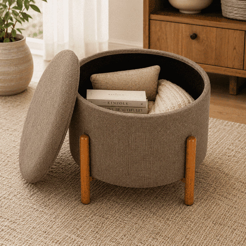 Round Linen Storage Ottoman with Reversible Wood Tray and Pine Legs, Brown, 21", Brown