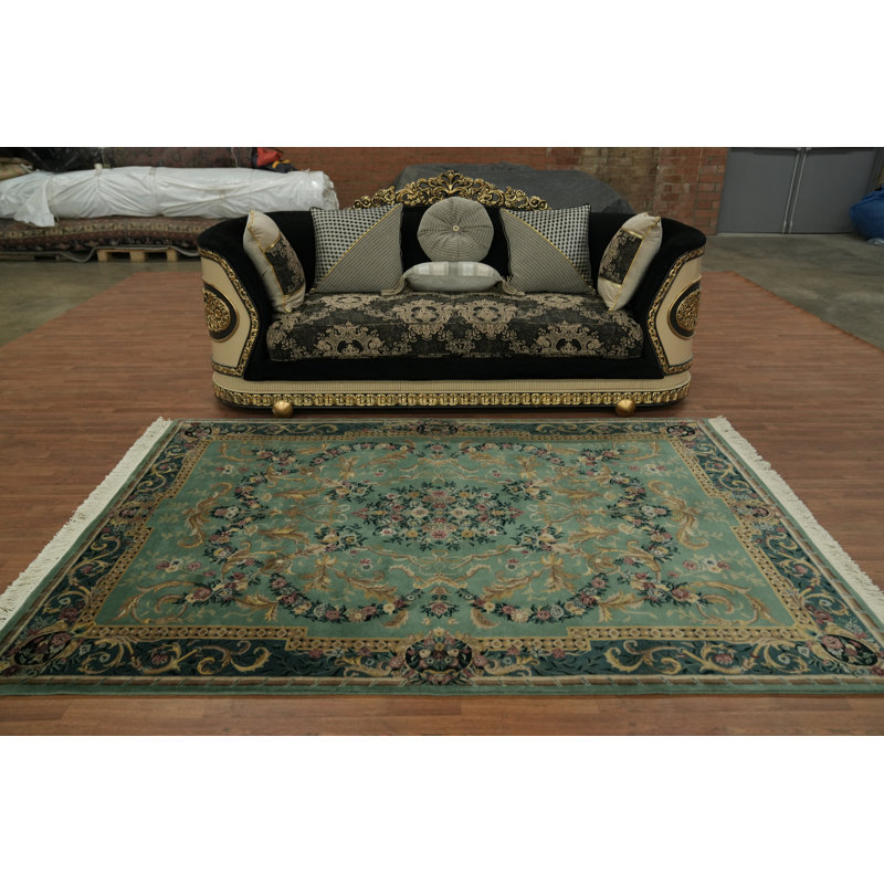 Tapis oriental élégant et floral vert Aubusson 6 x 9