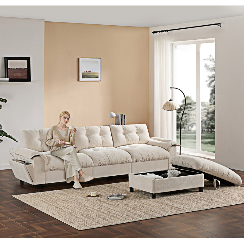 Canapé modulaire avec porte-gobelet et repose-pieds de rangement mobile, Chenille beige
