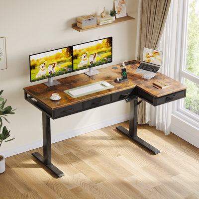 Bureau électrique debout avec 4 tiroirs sous le bureau, bureau réglable en hauteur avec prises de courant intégrées, bureau debout avec structure réversible, bureau personnel avec plateau caché pour la gestion des câbles