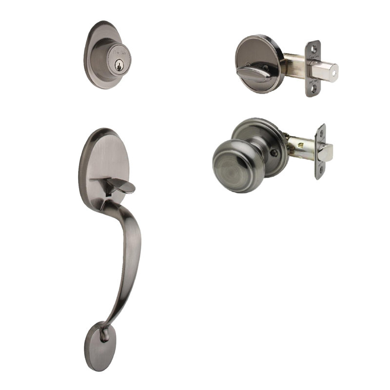 Jeu poignées en cuivre creek avec verrou et bouton de porte et rosette colonial à cylindre simple, Nickel antique