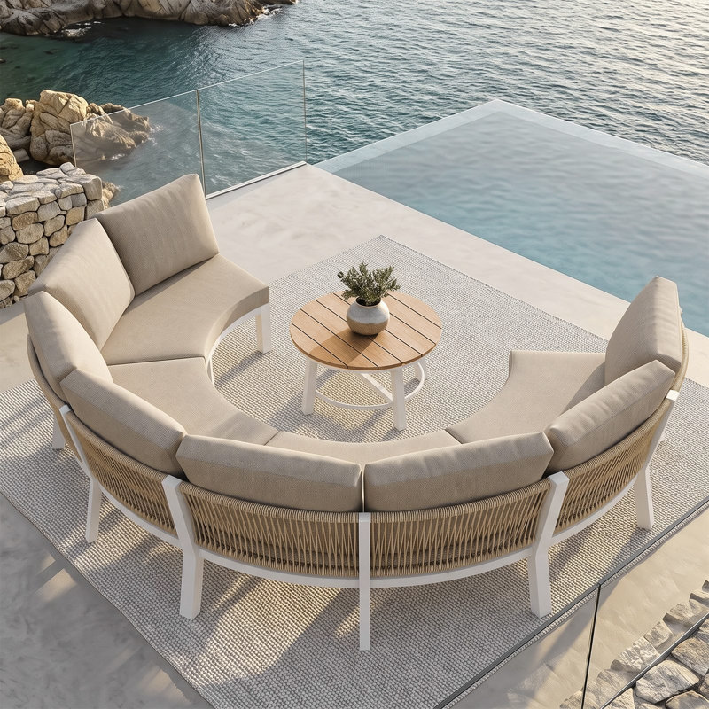 Ensemble de conversation de patio en aluminium demi-lune pour 3 personnes avec coussins et table basse, Beige/White