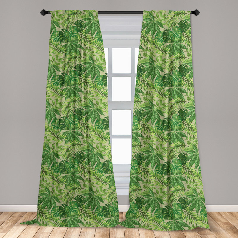 Green Leaf Patterned Light Filtering Rod Pocket Curtain Panels