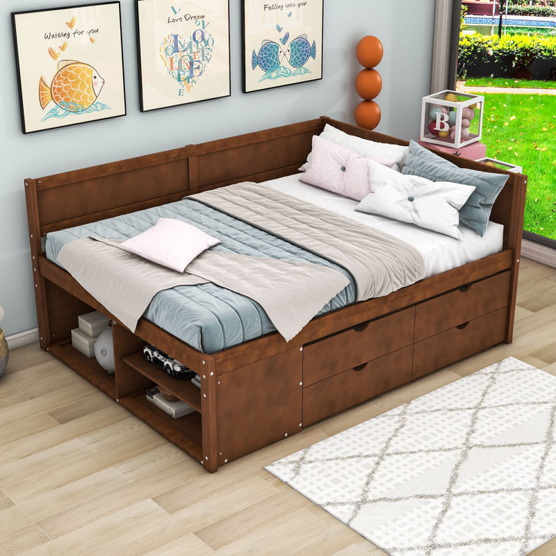Wood Daybed with Drawers and Shelves, Walnut, Full