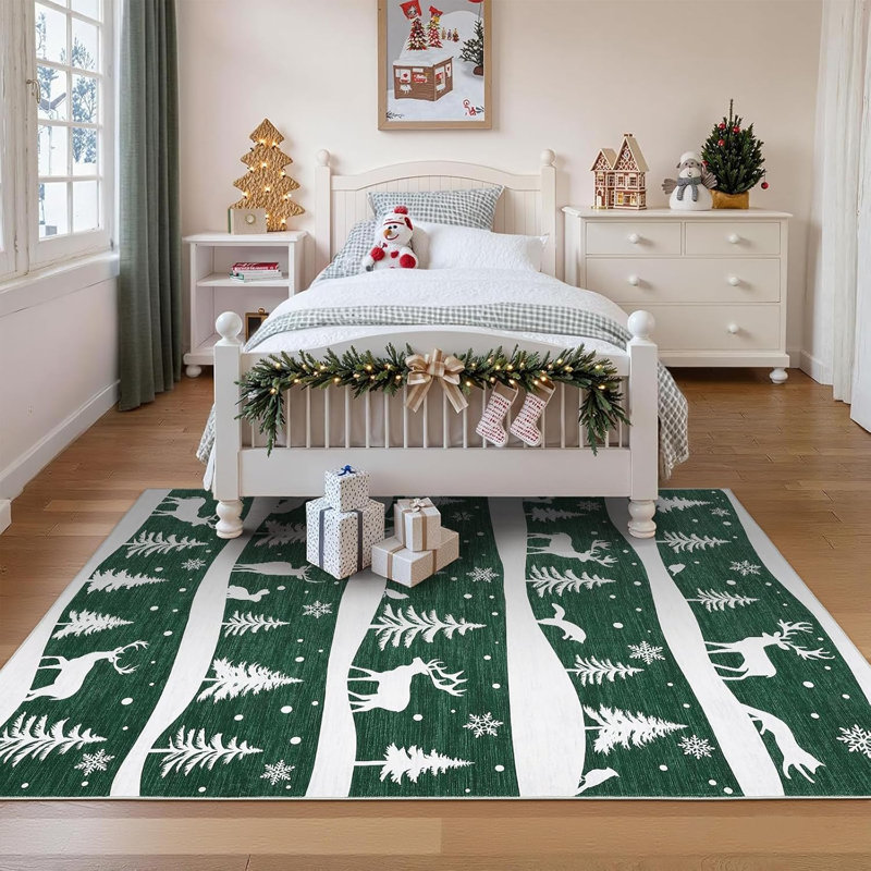 Runner Rug, Christmas Rugs with Xmas Tree Reindeer Snowflake for Holiday Decor, Non Slip Low Pile Washable Rug for Kitchen, Entryway, Living Room, Bedroom