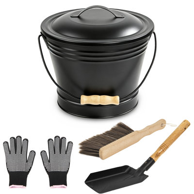 Ash Bucket with Shovel, Brush & Gloves - Iron Fireplace Tools for Cleaning Firepit Ashes