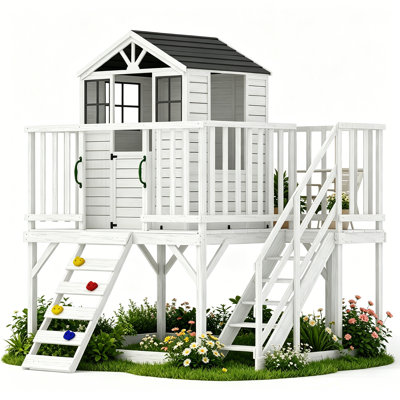 Maisonnette en bois de 2 étages avec mur d'escalade pour les enfants de 3 à 8 ans, maisonnette d'extérieur en bois avec escabeau, bac à sable, maisonnettes en cèdre pour enfants surélevées.