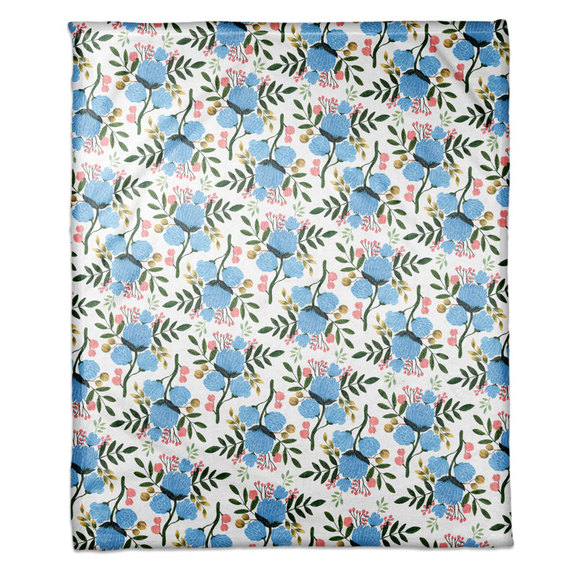 Jeté polaire bleu à motif floral, Blanc
