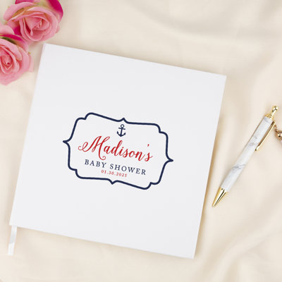 Livre d'or personnalisé pour fête de naissance avec accents dorés, nom personnalisé ancre nautique, date, livre d'invités blanc dans le registre 120 pages 8,5 x 8,5 souvenirs pour bricolage, album, album photo