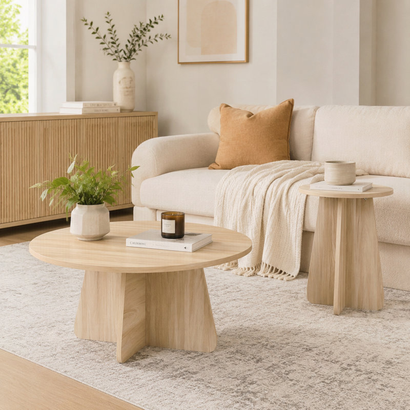 Ensemble de tables basses gigognes de style rétro. Disponible en finition noyer ou bois naturel. Tables d'appoint rondes avec pieds croisés. Idéal pour les salons et les salles à manger