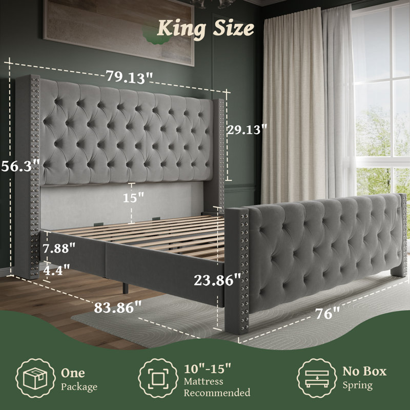 Velvet Upholstered Wingback Bed With Deepen Button Tufting Quiet Platform Bed Frame, Gray, King