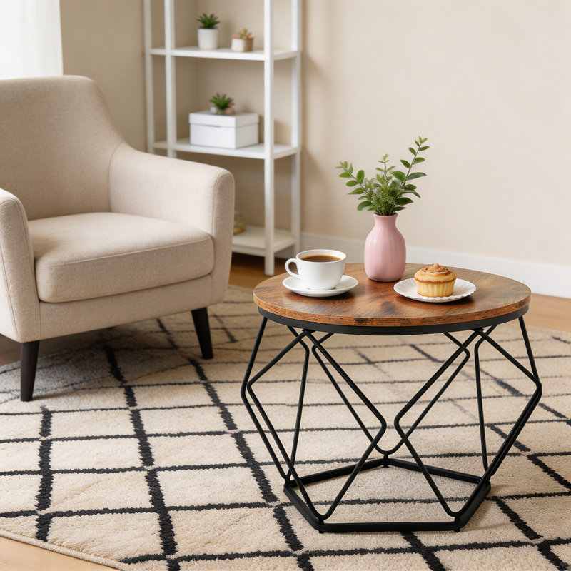 Set of 2 Round Side Tables with Tray Top, Industrial Accent Coffee Tables with Metal Frame, Set of 2 End Tables for Living Room and Bedroom, Brown