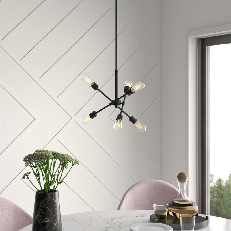 Lustre Spoutnik linéaire moderne Whelchel, Noir, Six lumières, H 21 po x l 29 po x P 29 po