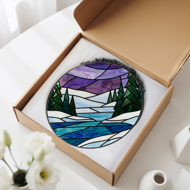 Panneau de vitrail paysage d'hiver H 7,8 po, H 7,8 po x l 7,8 po
