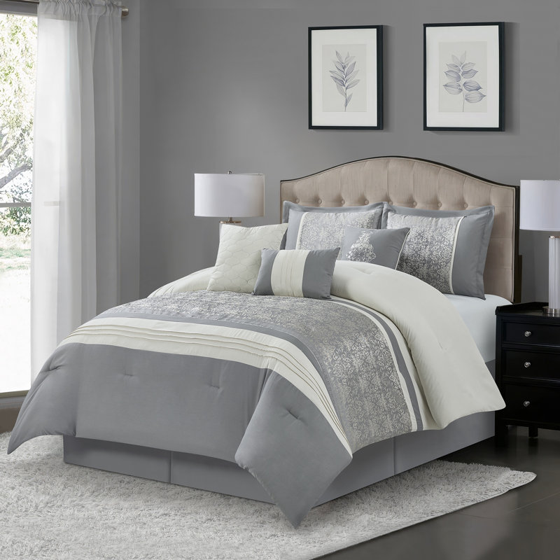 Gray King Microfiber 7-Piece Comforter Set with Damask Pattern