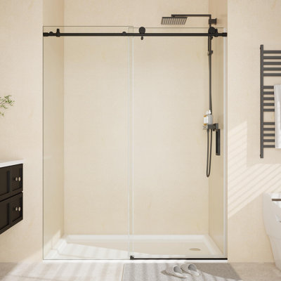 48" W x 76" H Frameless Sliding Shower Door, 6mm Tempered Glass with Explosion-Proof Film & Handle