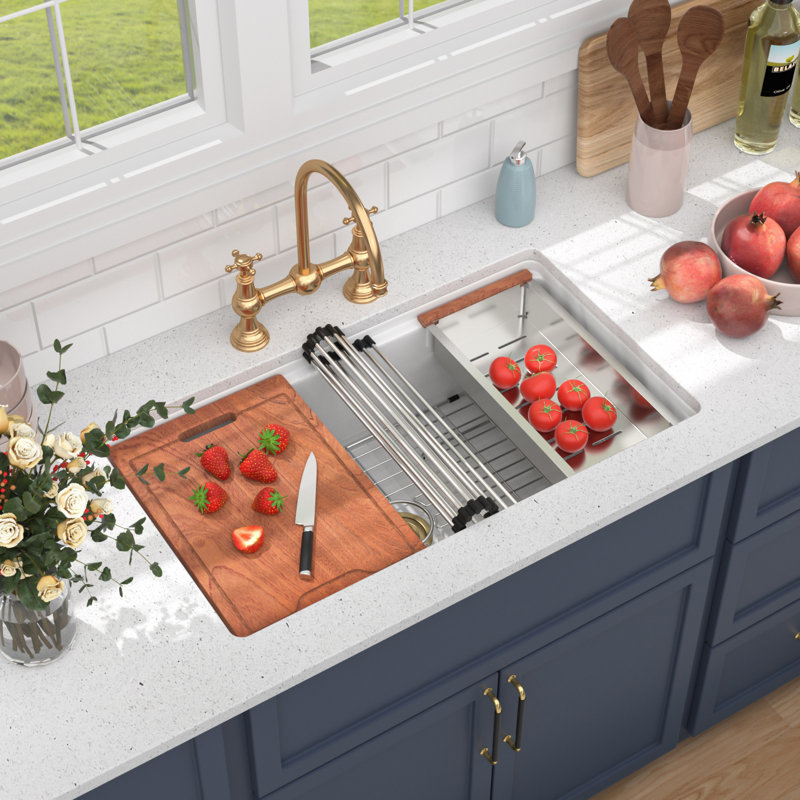 33 X 19 Inch Drop-In / Undermount Kitchen Sink White Workstation Fireclay Sink
