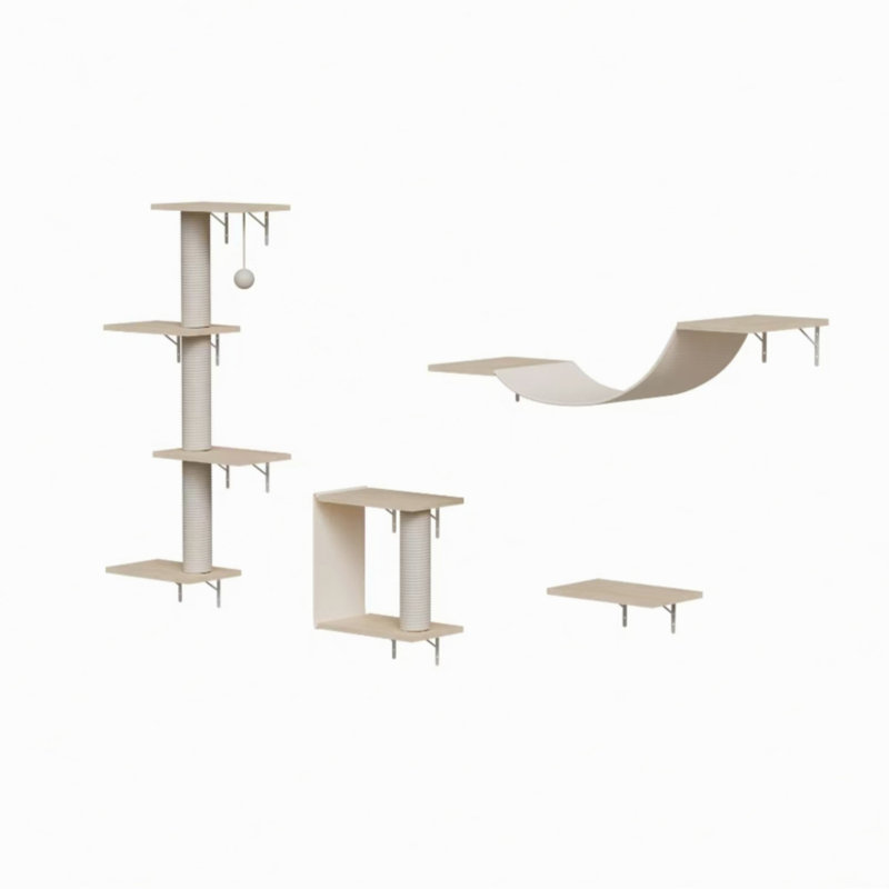 Modern Wall-Mounted Cat tree - 4pcs, Natural Wood