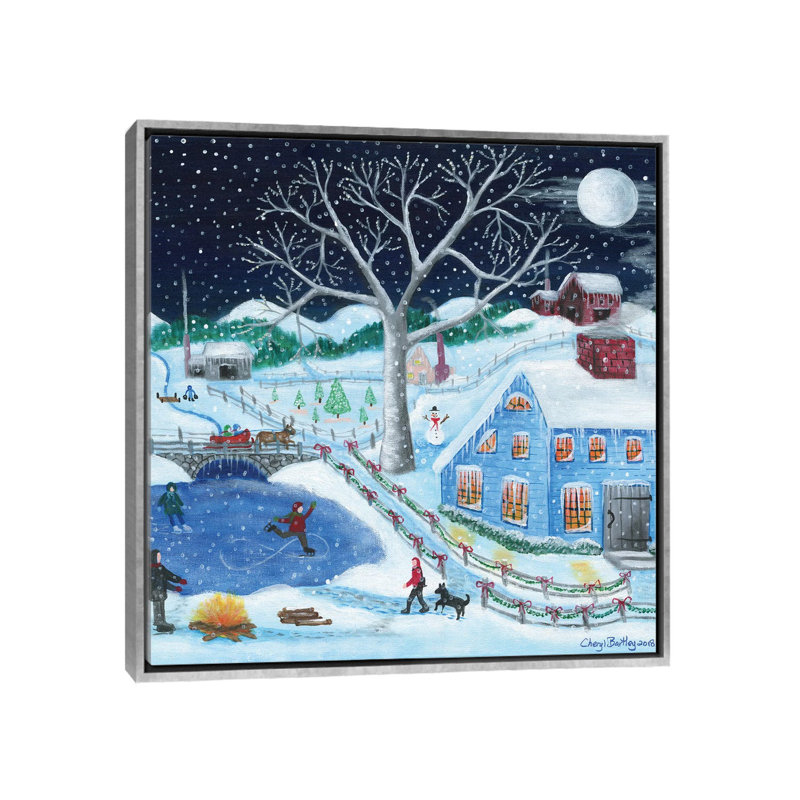 Impression d’art graphique, "Ice skating’par Old Farm par Cheryl Bartley, H 26 po x l 26 po x P 1,5 po, Pas de tapis