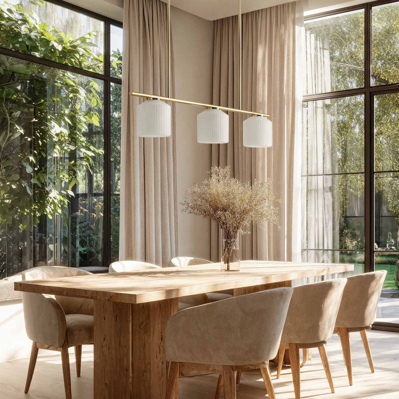 Luminaire suspendu Serene Modern - 37 po en métal, verre doré, blanc ivoire, grand luminaire linéaire réglable à 3 lumières câblé pour îlot de cuisine ou salle à manger de style Mid-Century moderne, scandinave et contemporain