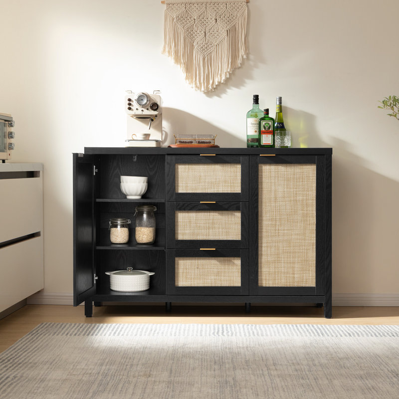 51.57'' W 3-Drawer And 2-Door Rattan Sideboard With Adjustable Shelves, Black Oak