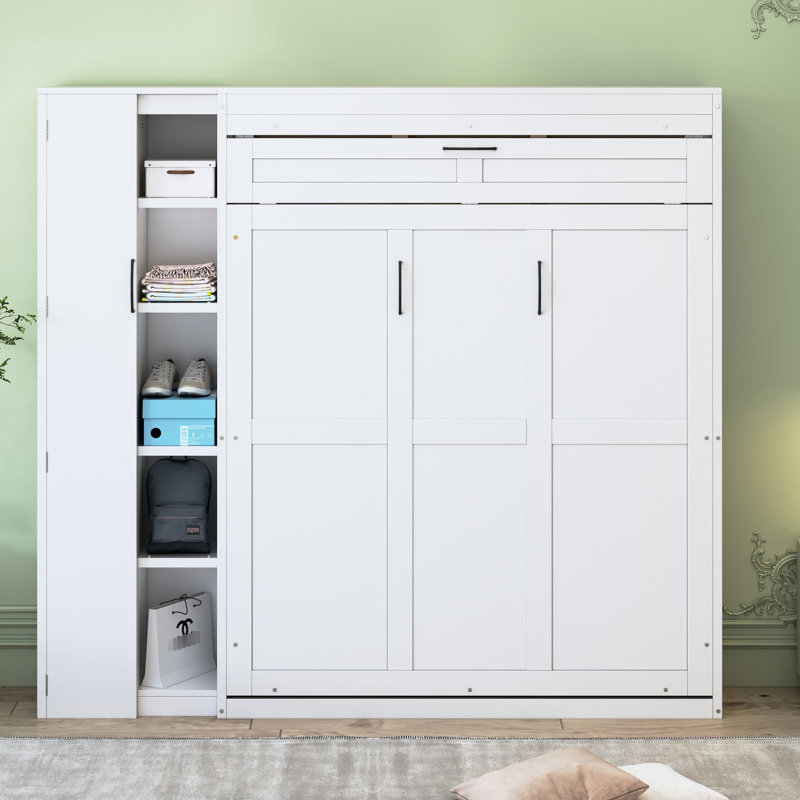 White Space Saving Bed With Shelves, Wardrobe, Led Lights - For Home Office, Guest Room, Gym Full Size Shelf Storage, Efficient Room