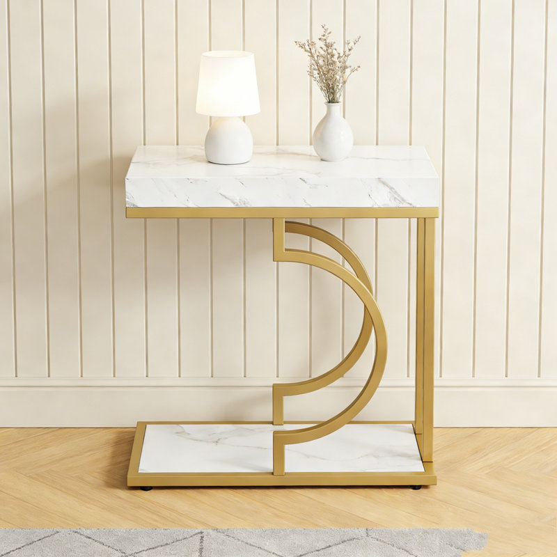 Table de bout moderne étroite C, Blanc et doré