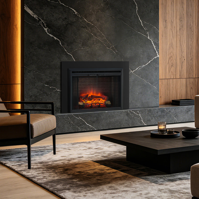 Breena 33" Electric Fireplace Insert With Trim Kit, Fire Crackling Sound, Resin Log, Glass Door And Mesh Screen, 750/1500w Heater, Black, by Puraflame