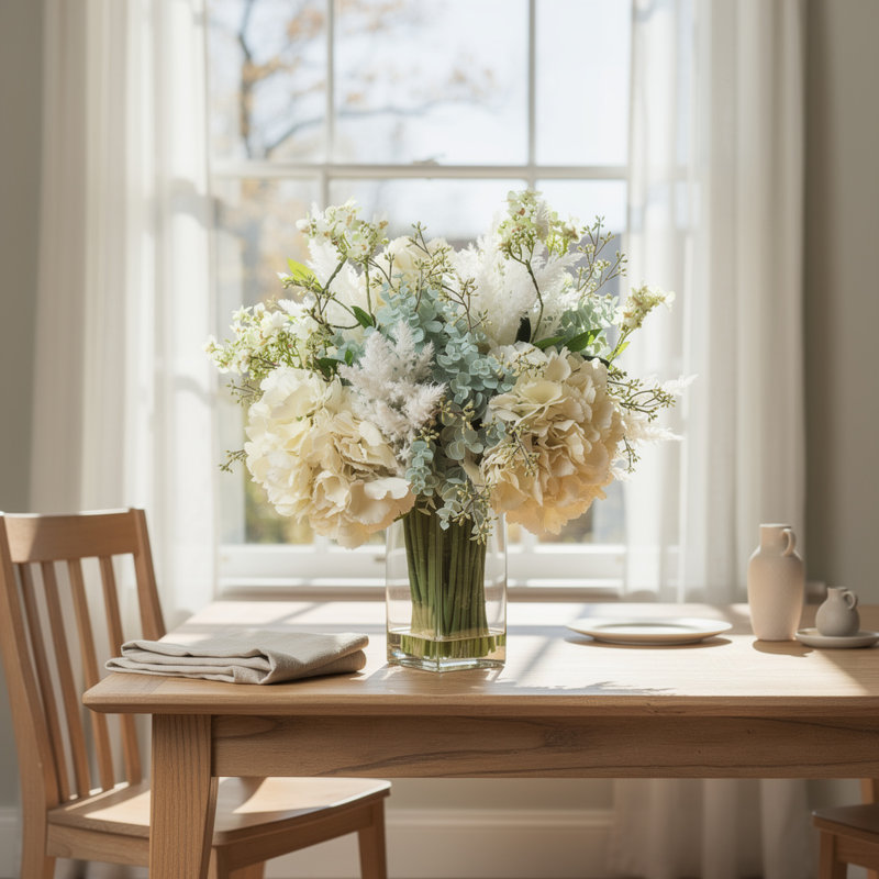 Hydrangea With Eucalyptus And Grass Arrangement