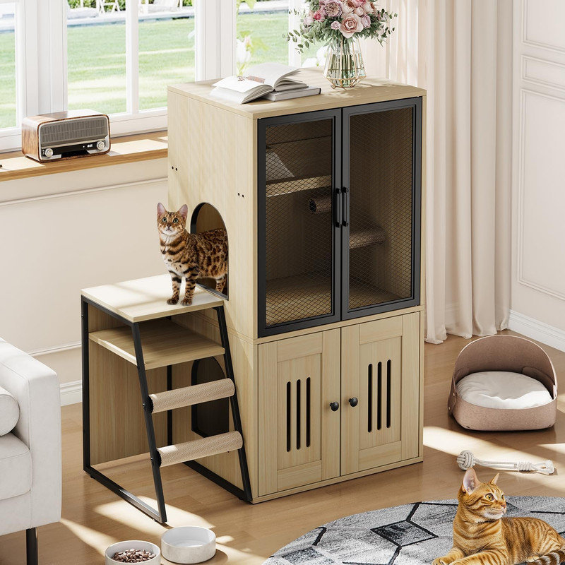 Double Cat Litter Box Enclosure with Ladder & Doors, Multi-Cat House with Storage Space and Hammock, Brown