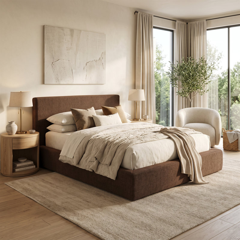 Grand cadre de lit plateforme tapissier avec tête de lit, brun | Conception en mousse compressée, revêtement en chenille douce, lattes en métal renforcé, aucun sommier tapissier requis, silencieux, assemblage facile