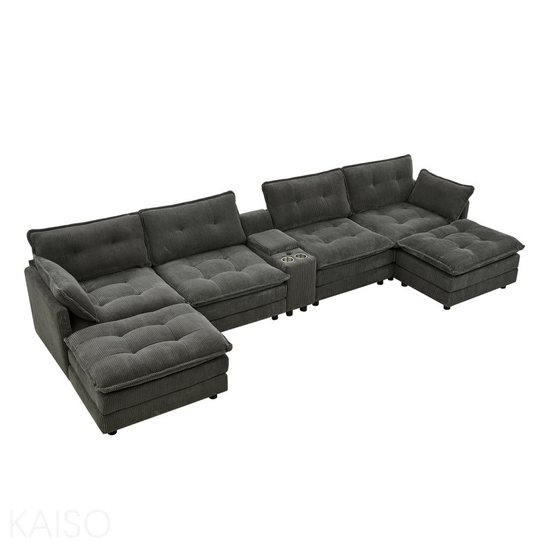 Canapé modulaire de 154 po avec repose-pieds en nuage avec repose-pieds modulaire en U de 154 po, canapé modulaire surdimensionné moderne en velours côtelé 6 places avec console centrale Port USB, gris