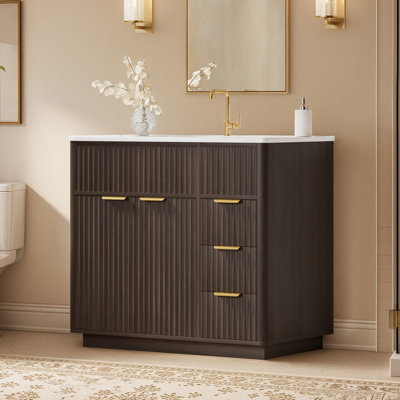  36" Freestanding Single Sink Bathroom Vanity with Fluted Doors and Storage, Brown