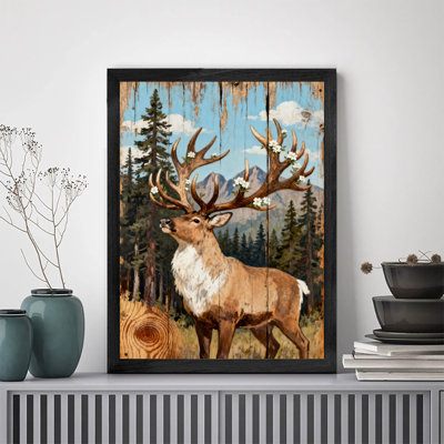 Reproduction d'art encadrée noire, cerf rétro se promenant dans la forêt