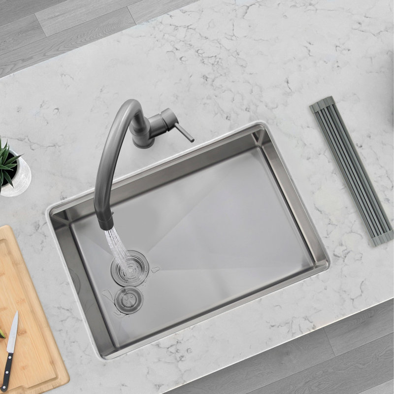 27 in. x 19 in. 16 Gauge, Stainless Steel, Brushed Single Bowl Undermount Kitchen Sink with Built-In Accessories