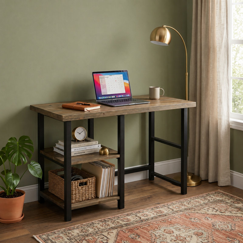 Bureau en métal et en bois massif avec 2 tablettes Pomona