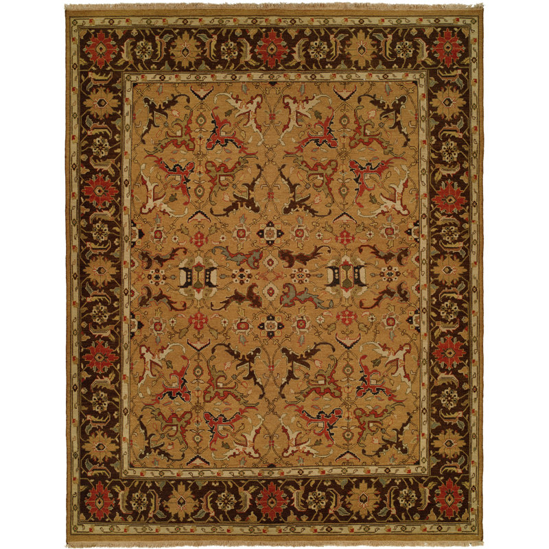 Tapis oriental doré / brun en laine tissé à plat à la main, Carré 10 pi