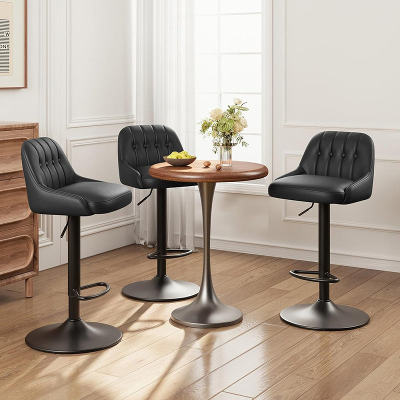 Set Of 3 Modern Adjustable Swivel Counter Height Bar Stools, PU Leather Upholstered With Tufted Back, Black