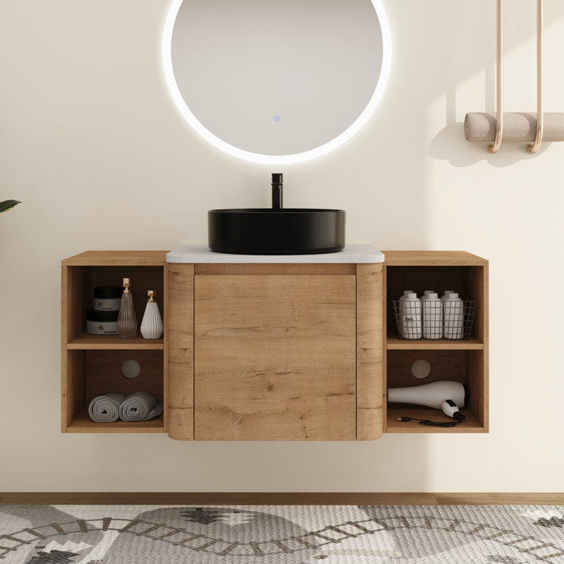 Ensemble de meuble-lavabo simple Greythor avec lavabo en céramique et tablettes de rangement, ensemble de meuble-lavabo simple avec plateau en pierre reconstituée